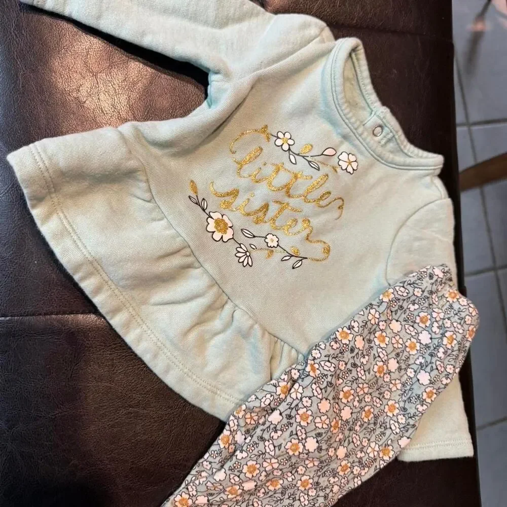 Carter's baby girl  “little sister” light green floral outfit Size: 3-6 months